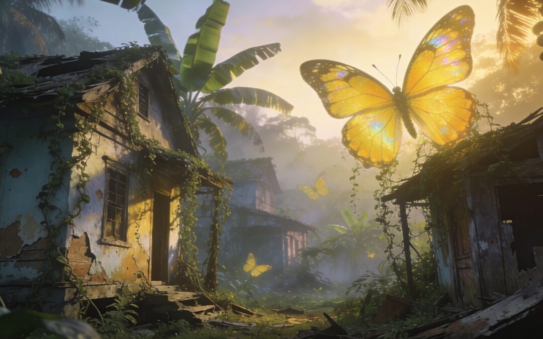 Macondo village at dawn, giant yellow butterflies among dilapidated houses, tropical vegetation, misty atmosphere