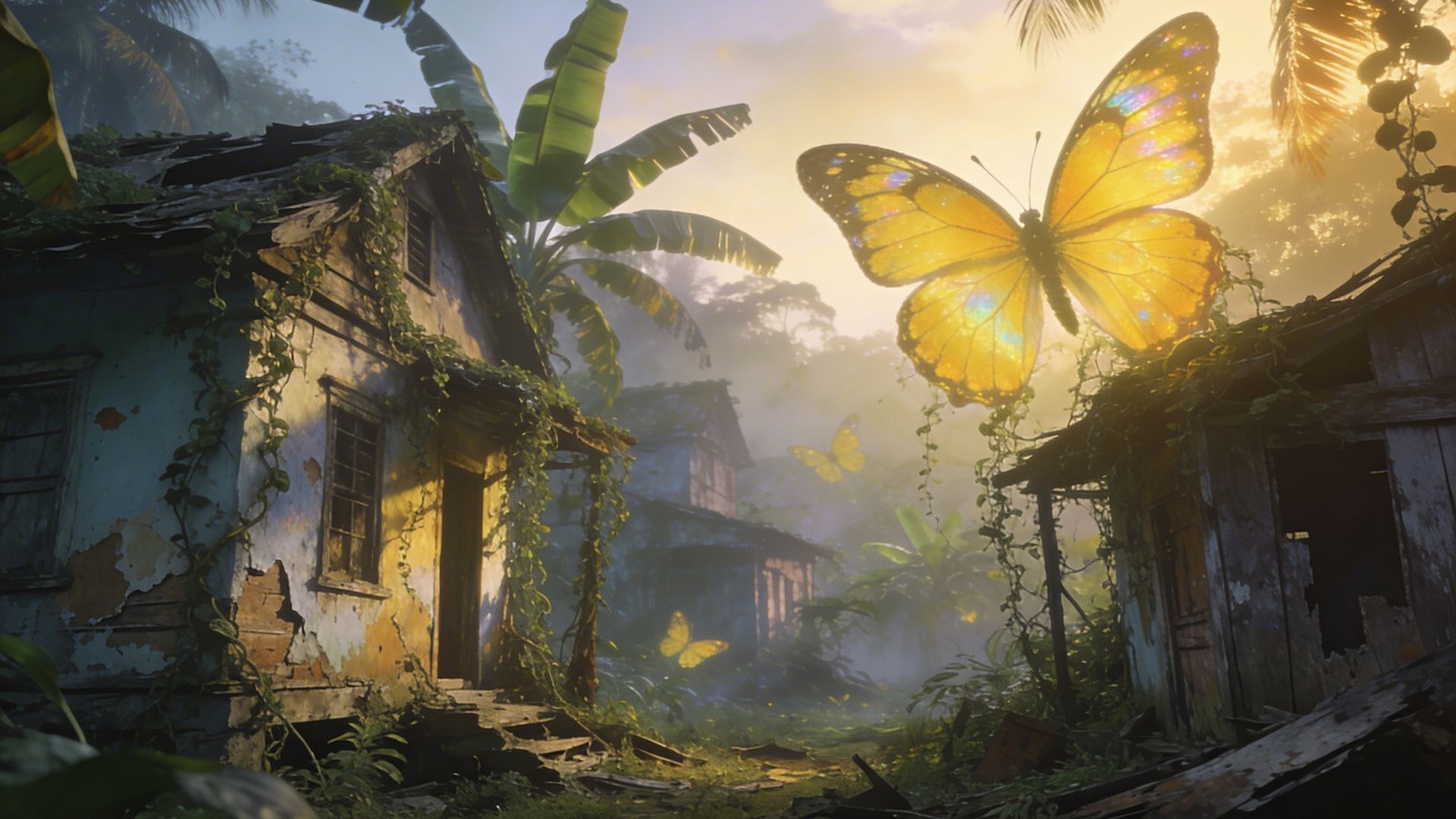Macondo village at dawn, giant yellow butterflies among dilapidated houses, tropical vegetation, misty atmosphere