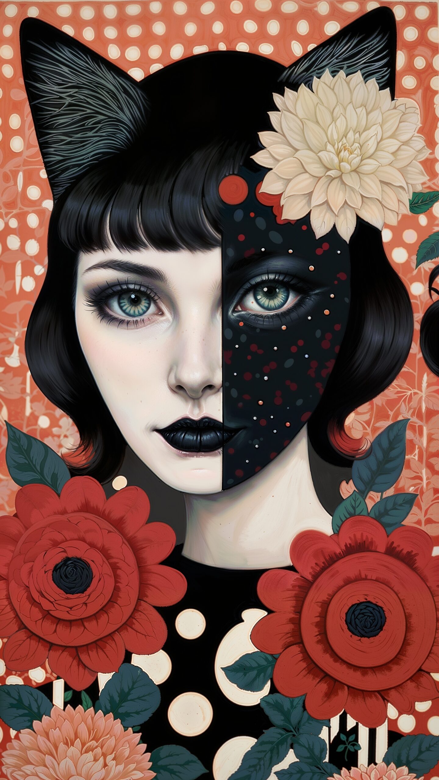 portrait of a woman with a mask of cat. artistic collage